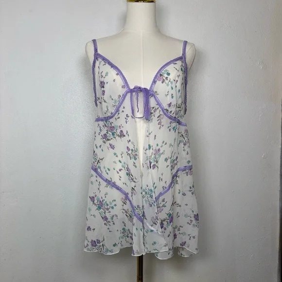vintage california dynasty lingerie 80s babydoll purple floral fairy romantic - Picture 3 of 7